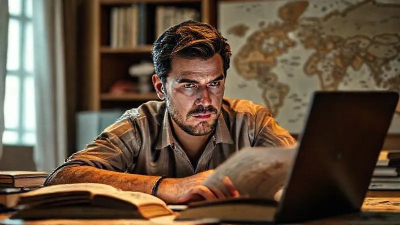 A photorealistic image of a person intently researching on a laptop, surrounded by open books and a world map, with a serious but determined expression, cinematic lighting highlighting their focused face, 8K, sharp focus, depth of field, shot on a high-end DSLR.