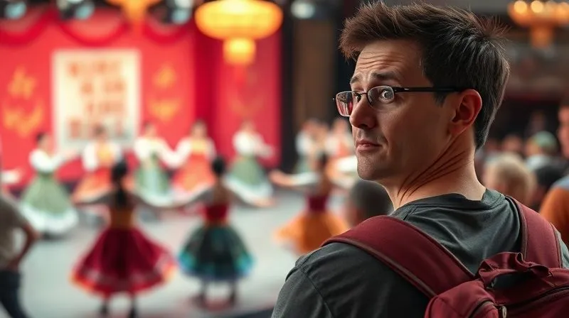 A photorealistic image of a frustrated tourist looking at a visibly inauthentic, commercialized folk dance performance on a brightly lit stage, with generic costumes and a bored expression. The scene is slightly blurred in the background, emphasizing the disappointment. 8K, cinematic lighting, sharp focus on the tourist, depth of field, shot on a high-end DSLR. A photorealistic image of a frustrated tourist looking at a visibly inauthentic, commercialized folk dance performance on a brightly lit stage, with generic costumes and a bored expression. The scene is slightly blurred in the background, emphasizing the disappointment. 8K, cinematic lighting, sharp focus on the tourist, depth of field, shot on a high-end DSLR.