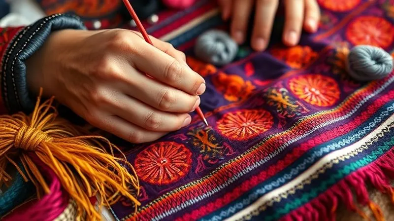 A photorealistic close-up of a skilled artisan meticulously hand-stitching intricate patterns onto a vibrant, traditional folk dance costume fabric, surrounded by natural dyes and threads. The focus is on the hands and the detail of the work. 8K, cinematic lighting, sharp focus, depth of field, shot on a high-end DSLR. A photorealistic close-up of a skilled artisan meticulously hand-stitching intricate patterns onto a vibrant, traditional folk dance costume fabric, surrounded by natural dyes and threads. The focus is on the hands and the detail of the work. 8K, cinematic lighting, sharp focus, depth of field, shot on a high-end DSLR.