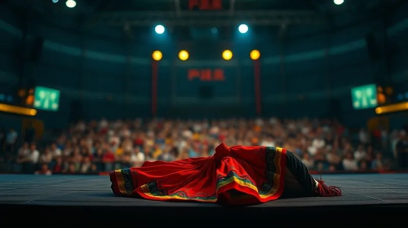 A photorealistic, slightly unsettling image of a dimly lit, generic tourist stage with a single, brightly lit, garish folk dance costume lying discarded, symbolizing commercialization and lack of authenticity. The background is a blurred, empty audience. 8K, cinematic lighting, sharp focus on the costume, depth of field, shot on a high-end DSLR. A photorealistic, slightly unsettling image of a dimly lit, generic tourist stage with a single, brightly lit, garish folk dance costume lying discarded, symbolizing commercialization and lack of authenticity. The background is a blurred, empty audience. 8K, cinematic lighting, sharp focus on the costume, depth of field, shot on a high-end DSLR.