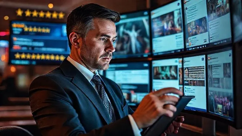 A professional, well-dressed business person intently analyzing multiple screens displaying various online review platforms and social media feeds for nightlife venues. The screens show star ratings, user comments, and venue photos, with a thoughtful, focused expression on the person's face. Photorealistic, professional photography, 8K, cinematic lighting, sharp focus, depth of field, shot on a high-end DSLR. A professional, well-dressed business person intently analyzing multiple screens displaying various online review platforms and social media feeds for nightlife venues. The screens show star ratings, user comments, and venue photos, with a thoughtful, focused expression on the person's face. Photorealistic, professional photography, 8K, cinematic lighting, sharp focus, depth of field, shot on a high-end DSLR.