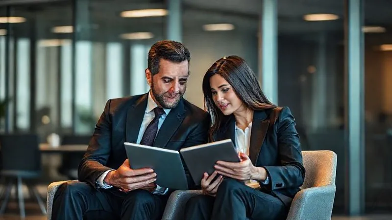 Two well-dressed business professionals, one male and one female, seated in a modern, subtly lit office space, engaged in a focused discussion. They are reviewing a digital presentation or notes on a tablet, with a professional and collaborative atmosphere. Photorealistic, professional photography, 8K, cinematic lighting, sharp focus, depth of field, shot on a high-end DSLR. Two well-dressed business professionals, one male and one female, seated in a modern, subtly lit office space, engaged in a focused discussion. They are reviewing a digital presentation or notes on a tablet, with a professional and collaborative atmosphere. Photorealistic, professional photography, 8K, cinematic lighting, sharp focus, depth of field, shot on a high-end DSLR.