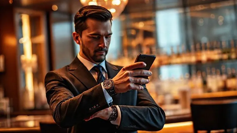 A well-dressed professional, looking composed and alert, discreetly checking their high-end watch and phone in a sophisticated, softly lit upscale bar environment. Their posture suggests readiness and attention to detail, with blurred background elements of the bar. Photorealistic, professional photography, 8K, cinematic lighting, sharp focus, depth of field, shot on a high-end DSLR. A well-dressed professional, looking composed and alert, discreetly checking their high-end watch and phone in a sophisticated, softly lit upscale bar environment. Their posture suggests readiness and attention to detail, with blurred background elements of the bar. Photorealistic, professional photography, 8K, cinematic lighting, sharp focus, depth of field, shot on a high-end DSLR.