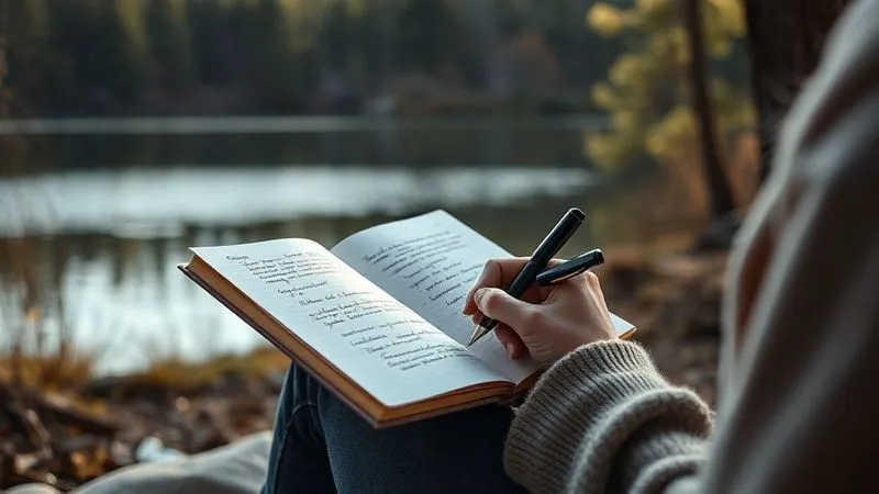 A photorealistic image of a person holding a journal, writing down their thoughts and mental health goals, surrounded by a serene, natural environment like a forest or a calm lake. The scene should evoke introspection and clarity, with soft, natural lighting. professional photography, 8K, cinematic lighting, sharp focus, depth of field, shot on a high-end DSLR. A photorealistic image of a person holding a journal, writing down their thoughts and mental health goals, surrounded by a serene, natural environment like a forest or a calm lake. The scene should evoke introspection and clarity, with soft, natural lighting. professional photography, 8K, cinematic lighting, sharp focus, depth of field, shot on a high-end DSLR.