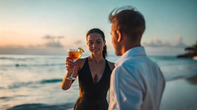 A photorealistic, professional photography, 8K, cinematic lighting, sharp focus, depth of field, shot on a high-end DSLR, of a luxury beach resort staff member discreetly serving a cocktail to a guest on a secluded beach, the staff member is almost out of frame, focusing on the elegant, unbothered guest enjoying pristine surroundings, conveying ultimate discretion and seamless service. A photorealistic, professional photography, 8K, cinematic lighting, sharp focus, depth of field, shot on a high-end DSLR, of a luxury beach resort staff member discreetly serving a cocktail to a guest on a secluded beach, the staff member is almost out of frame, focusing on the elegant, unbothered guest enjoying pristine surroundings, conveying ultimate discretion and seamless service.