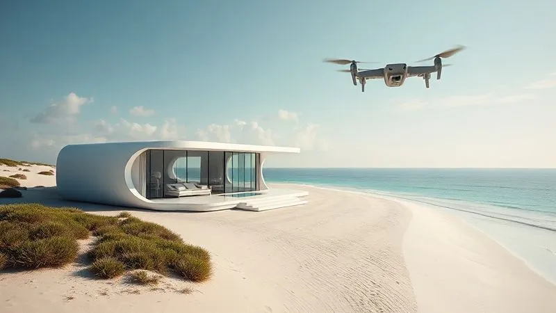 A photorealistic, professional photography, 8K, cinematic lighting, sharp focus, depth of field, shot on a high-end DSLR, of a futuristic, minimalist luxury villa seamlessly integrated into a pristine, untouched beach landscape, with a discreet, almost invisible drone patrolling the perimeter in the distance, conveying innovative, sustainable, and ultra-private luxury travel of the future. A photorealistic, professional photography, 8K, cinematic lighting, sharp focus, depth of field, shot on a high-end DSLR, of a futuristic, minimalist luxury villa seamlessly integrated into a pristine, untouched beach landscape, with a discreet, almost invisible drone patrolling the perimeter in the distance, conveying innovative, sustainable, and ultra-private luxury travel of the future.