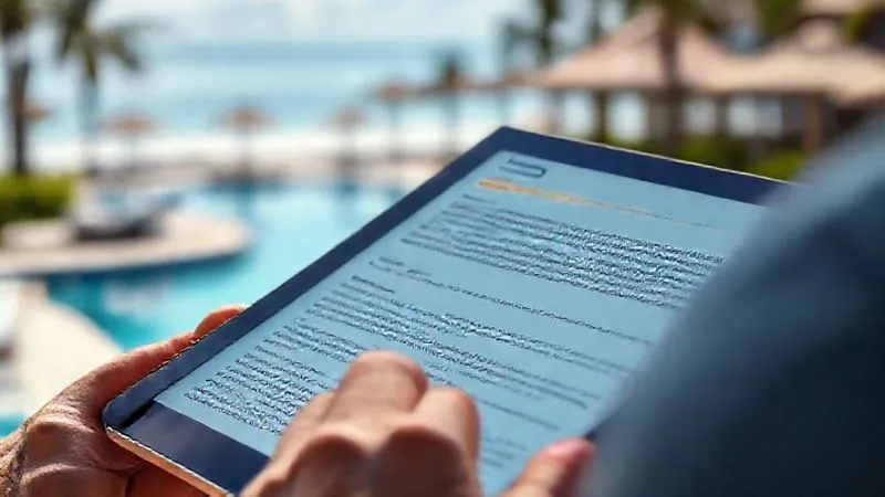Photorealistic, professional photography, 8K, cinematic lighting, sharp focus, depth of field, shot on a high-end DSLR. A person's hands meticulously scrolling through online travel reviews on a tablet, focusing on specific keywords related to 'safety' and 'kids'. The screen shows snippets of text with highlighted safety concerns, while in the background, a resort pool is softly blurred, symbolizing the contrast between advertised perfection and real-world scrutiny.