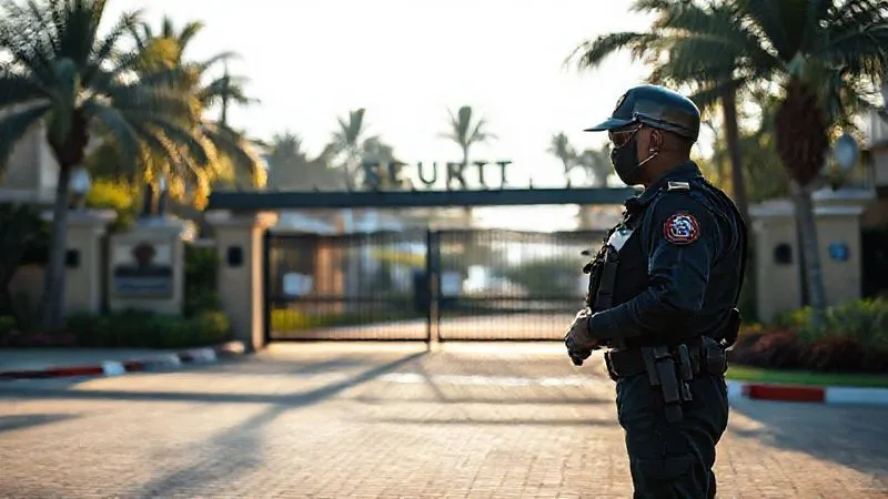 Photorealistic, professional photography, 8K, cinematic lighting, sharp focus, depth of field, shot on a high-end DSLR. A resort security guard, professional and attentive, stands near a well-maintained entrance gate with clear signage. The lighting is early morning, casting long, reassuring shadows. The focus is on the guard's vigilant posture and the secure, welcoming appearance of the entrance, conveying a sense of protection without being overly militaristic.