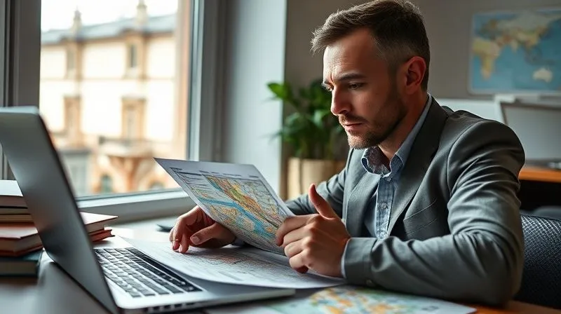 A photorealistic, professional photography, 8K, cinematic lighting, sharp focus, depth of field shot of a corporate travel planner meticulously reviewing a tour operator's portfolio on a high-end laptop, surrounded by well-organized files and city maps. The planner's expression is one of thoughtful concentration, with subtle hints of historic city architecture visible through a window in the background, conveying diligence and strategic planning.
