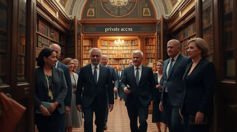 A photorealistic, professional photography, 8K, cinematic lighting, sharp focus, depth of field shot of a small, exclusive group of well-dressed clients, led by a distinguished private guide, entering a beautifully preserved, historic library or private collection room in a European city. The entrance is subtly grand, with soft, inviting light from within, and a 'private access' sign is barely visible. The clients' expressions are a mix of curiosity and quiet appreciation, emphasizing exclusivity and a privileged experience.