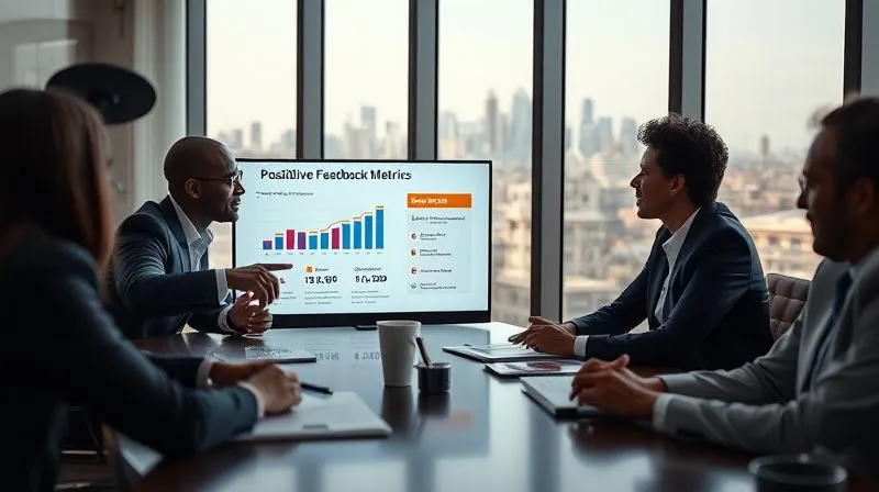 A photorealistic, professional photography, 8K, cinematic lighting, sharp focus, depth of field shot of a corporate team (diverse, business casual) gathered around a meeting table, reviewing a presentation slide that shows positive feedback metrics and client testimonials from a recent event. One person is pointing to a graph, another is taking notes, and the atmosphere is one of productive analysis and strategic refinement. A city skyline is subtly visible through the window, hinting at past successful events.