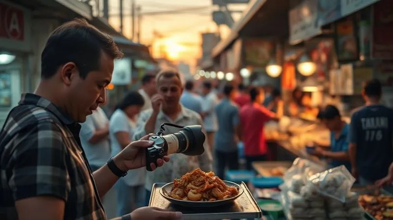 A bustling, vibrant street food market at dusk in Southeast Asia, with steam rising from various stalls, people laughing and eating, and a photographer in the foreground trying to capture a complex, slightly messy dish on a small table. The scene is full of raw energy and color, highlighting the challenge of capturing beauty amidst chaos. Photorealistic, professional photography, 8K, cinematic lighting, sharp focus, depth of field, shot on a high-end DSLR.