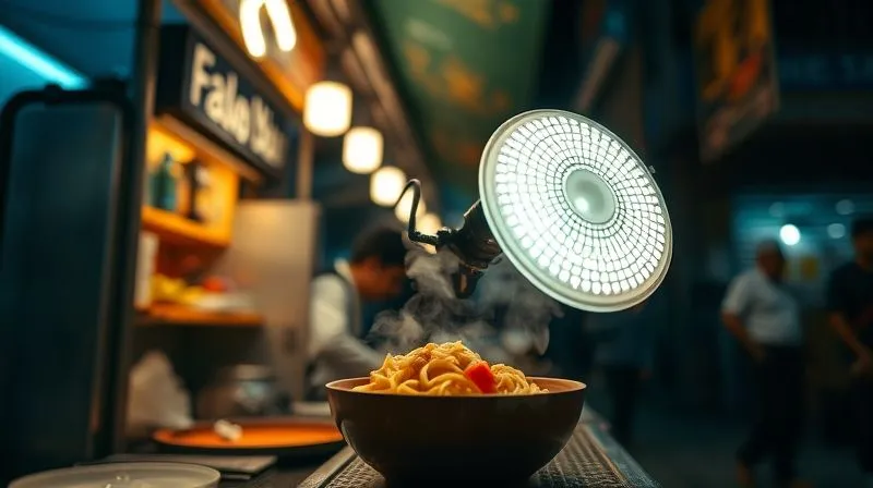 A street food vendor's stall at night, dimly lit by a few bare bulbs. A photographer is discreetly using a small, portable LED light with a diffuser to illuminate a steaming bowl of noodles, creating soft, warm highlights and shadows that make the dish appear inviting and delicious. The background is blurred with bokeh, emphasizing the food. Photorealistic, professional photography, 8K, cinematic lighting, sharp focus, depth of field, shot on a high-end DSLR.