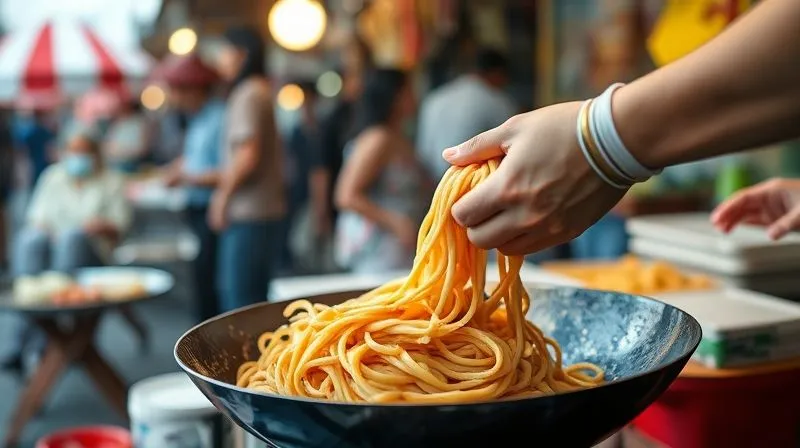 A close-up, dynamic shot of a street food vendor's hands expertly preparing a challenging dish, perhaps tossing noodles in a wok or shaping dough, with motion blur on the hands to convey speed and skill. The background shows the bustling, colorful street market in a soft blur. The focus is sharp on the action and the ingredients. Photorealistic, professional photography, 8K, cinematic lighting, sharp focus, depth of field, shot on a high-end DSLR.