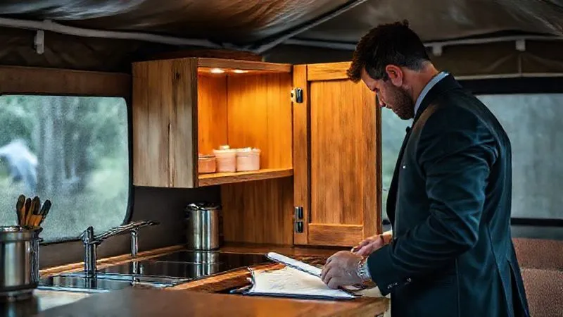 A photorealistic, professional photography, 8K, cinematic lighting, sharp focus, depth of field, shot on a high-end DSLR image of a glamping outdoor kitchen receiving meticulous maintenance. A person, dressed professionally, is carefully inspecting a sealed cabinet, perhaps cleaning or applying a protective coating, with a checklist nearby. The kitchen looks well-maintained, ready for use, emphasizing the care and attention to detail. A photorealistic, professional photography, 8K, cinematic lighting, sharp focus, depth of field, shot on a high-end DSLR image of a glamping outdoor kitchen receiving meticulous maintenance. A person, dressed professionally, is carefully inspecting a sealed cabinet, perhaps cleaning or applying a protective coating, with a checklist nearby. The kitchen looks well-maintained, ready for use, emphasizing the care and attention to detail.