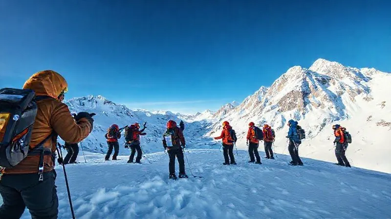 A wide, dramatic shot of a group of ice climbers assessing a snow-covered slope, pointing towards potential avalanche terrain, with a clear blue sky and towering peaks in the background, professional photography, 8K, sharp focus, depth of field, cinematic lighting. A wide, dramatic shot of a group of ice climbers assessing a snow-covered slope, pointing towards potential avalanche terrain, with a clear blue sky and towering peaks in the background, professional photography, 8K, sharp focus, depth of field, cinematic lighting.