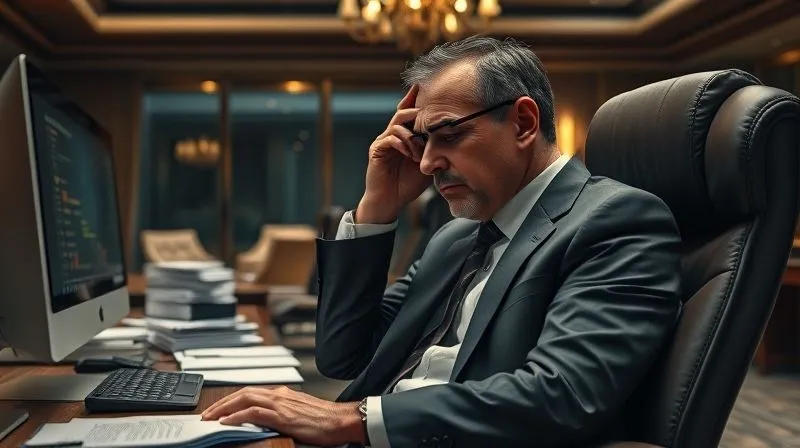 A photorealistic image of a high-powered executive, looking visibly strained and tired, leaning back in a luxurious office chair with their hand rubbing their temples. Papers are scattered on the desk, and a glowing computer screen casts a weary light on their face, conveying the weight of executive stress and decision fatigue. Professional photography, 8K, cinematic lighting, sharp focus on the executive, depth of field blurring the background, shot on a high-end DSLR. A photorealistic image of a high-powered executive, looking visibly strained and tired, leaning back in a luxurious office chair with their hand rubbing their temples. Papers are scattered on the desk, and a glowing computer screen casts a weary light on their face, conveying the weight of executive stress and decision fatigue. Professional photography, 8K, cinematic lighting, sharp focus on the executive, depth of field blurring the background, shot on a high-end DSLR.