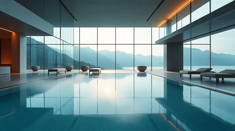 A photorealistic, professional photography shot of an ultra-modern luxury spa facility. The image features sleek architectural lines, expansive floor-to-ceiling windows overlooking a pristine natural landscape (e.g., mountains or ocean), and minimalist design elements. A tranquil indoor-outdoor pool area is visible, with soft lighting and steam rising. The scene conveys sophistication, serenity, and cutting-edge wellness, 8K, cinematic lighting, sharp focus on the architectural details, depth of field, shot on a high-end DSLR. A photorealistic, professional photography shot of an ultra-modern luxury spa facility. The image features sleek architectural lines, expansive floor-to-ceiling windows overlooking a pristine natural landscape (e.g., mountains or ocean), and minimalist design elements. A tranquil indoor-outdoor pool area is visible, with soft lighting and steam rising. The scene conveys sophistication, serenity, and cutting-edge wellness, 8K, cinematic lighting, sharp focus on the architectural details, depth of field, shot on a high-end DSLR.