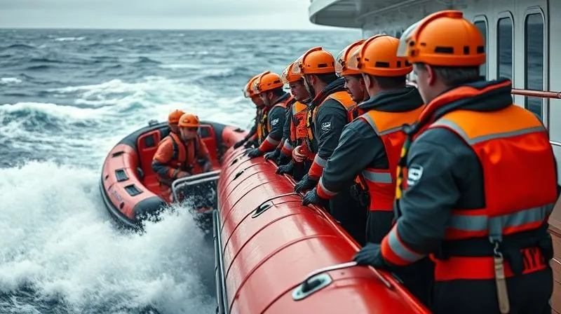 photorealistic, professional photography, 8K, cinematic lighting, sharp focus, depth of field, shot on a high-end DSLR, a team of cruise ship crew members in safety gear conducting a man overboard drill, launching a fast rescue craft into choppy waters, focused expressions, demonstrating teamwork and readiness.