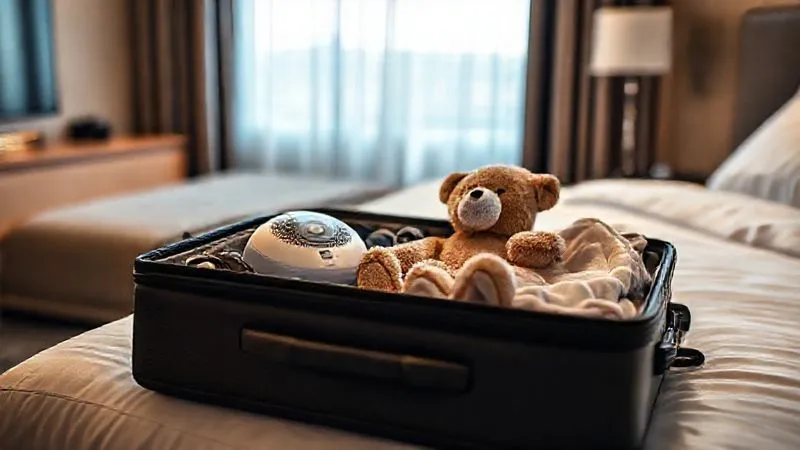 A photorealistic, professional photography, 8K, cinematic lighting, sharp focus, depth of field, shot on a high-end DSLR, showing a neatly organized open suitcase on a hotel bed, filled with toddler sleep essentials like a travel white noise machine, a small blackout blind, a favorite teddy bear, and a soft sleep sack. The scene is calm and prepared, with a blurred background of a modern hotel room. A photorealistic, professional photography, 8K, cinematic lighting, sharp focus, depth of field, shot on a high-end DSLR, showing a neatly organized open suitcase on a hotel bed, filled with toddler sleep essentials like a travel white noise machine, a small blackout blind, a favorite teddy bear, and a soft sleep sack. The scene is calm and prepared, with a blurred background of a modern hotel room.
