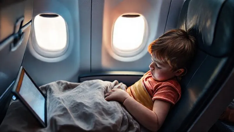 A photorealistic, professional photography, 8K, cinematic lighting, sharp focus, depth of field, shot on a high-end DSLR, depicting a toddler comfortably asleep in a specialized airplane travel bed or a modified seat, with a parent gently adjusting a small blanket. The cabin lights are dimmed, and a soft glow from a tablet or a small reading light illuminates the scene, suggesting a calm and successful in-flight sleep strategy. A photorealistic, professional photography, 8K, cinematic lighting, sharp focus, depth of field, shot on a high-end DSLR, depicting a toddler comfortably asleep in a specialized airplane travel bed or a modified seat, with a parent gently adjusting a small blanket. The cabin lights are dimmed, and a soft glow from a tablet or a small reading light illuminates the scene, suggesting a calm and successful in-flight sleep strategy.