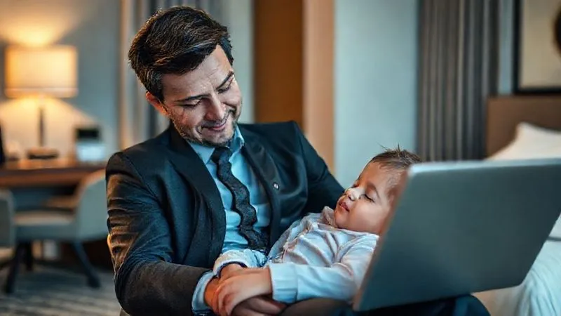 A photorealistic, professional photography, 8K, cinematic lighting, sharp focus, depth of field, shot on a high-end DSLR, showing a professional parent, dressed in business attire, gently rocking a sleeping toddler in a hotel room. In the blurred background, a laptop screen displays a work document, subtly illustrating the balance between professional duties and parental care, with a warm, empathetic tone. A photorealistic, professional photography, 8K, cinematic lighting, sharp focus, depth of field, shot on a high-end DSLR, showing a professional parent, dressed in business attire, gently rocking a sleeping toddler in a hotel room. In the blurred background, a laptop screen displays a work document, subtly illustrating the balance between professional duties and parental care, with a warm, empathetic tone.
