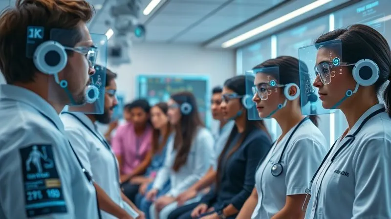 A photorealistic, professional photography shot of a diverse group of individuals undergoing advanced medical screening in a futuristic clinic, with holographic displays showing genetic data and physiological readouts. Cinematic lighting, sharp focus on the individuals, depth of field blurring the sophisticated equipment, 8K hyper-detailed.