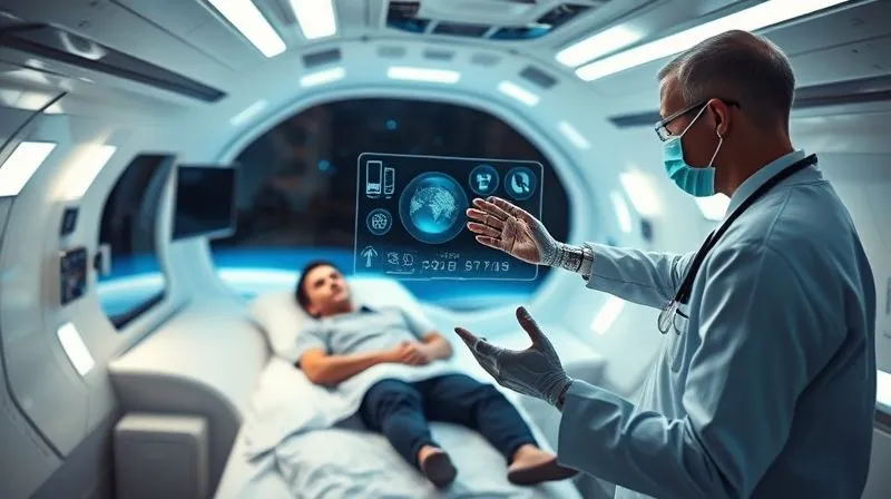 A photorealistic, professional photography shot of a space tourist in a futuristic medical bay within a sleek spacecraft, being monitored by a ground-based doctor via a holographic display. The doctor's hand gestures are mirrored by a robotic arm attending to the patient. Cinematic lighting, sharp focus on the interaction, depth of field blurring the background, 8K hyper-detailed.
