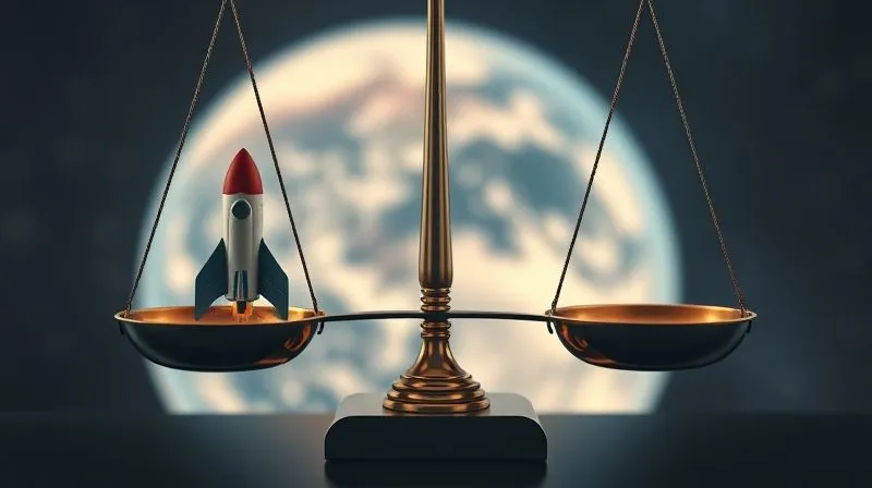 A photorealistic, professional photography image depicting a complex ethical dilemma: a scale balancing the thrill of space travel (represented by a miniature rocket) against human health and safety (represented by a medical caduceus). The scale is slightly tilted, showing the ongoing tension. Cinematic lighting, sharp focus on the scale, depth of field blurring a futuristic Earth in the background, 8K hyper-detailed.