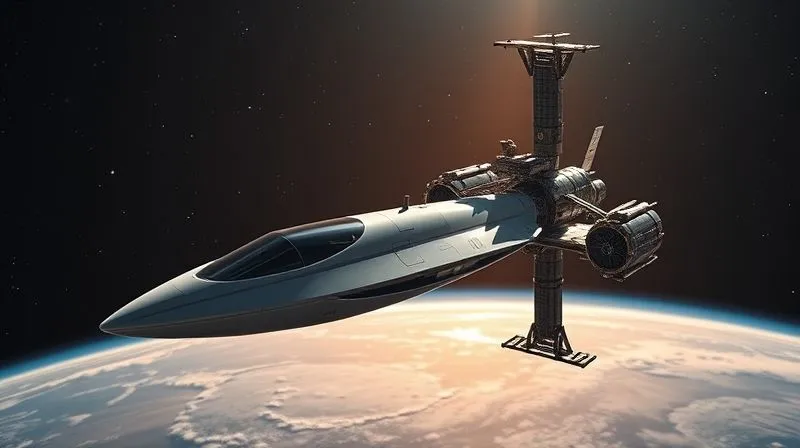 A photorealistic, professional photography shot of a sleek, futuristic spacecraft gently docking at a vibrant, rotating space station, symbolizing a safe and accessible future for space tourism. The scene is bathed in the warm glow of a distant Earth, with cinematic lighting and sharp focus on the intricate details of the station and spacecraft. Depth of field blurring the vastness of space, 8K hyper-detailed.