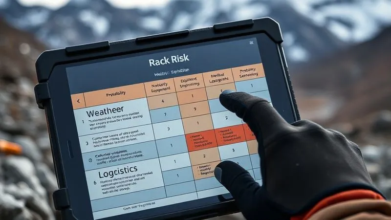 A photorealistic, professional photography, 8K, cinematic lighting, sharp focus, depth of field, shot on a high-end DSLR of a detailed expedition risk matrix displayed on a rugged tablet, showing categories like 'Weather', 'Medical', 'Equipment', 'Logistics', with probability and severity ratings. A hand with a gloved finger is pointing at a high-risk entry, set against a blurred background of a remote mountain landscape. A photorealistic, professional photography, 8K, cinematic lighting, sharp focus, depth of field, shot on a high-end DSLR of a detailed expedition risk matrix displayed on a rugged tablet, showing categories like 'Weather', 'Medical', 'Equipment', 'Logistics', with probability and severity ratings. A hand with a gloved finger is pointing at a high-risk entry, set against a blurred background of a remote mountain landscape.