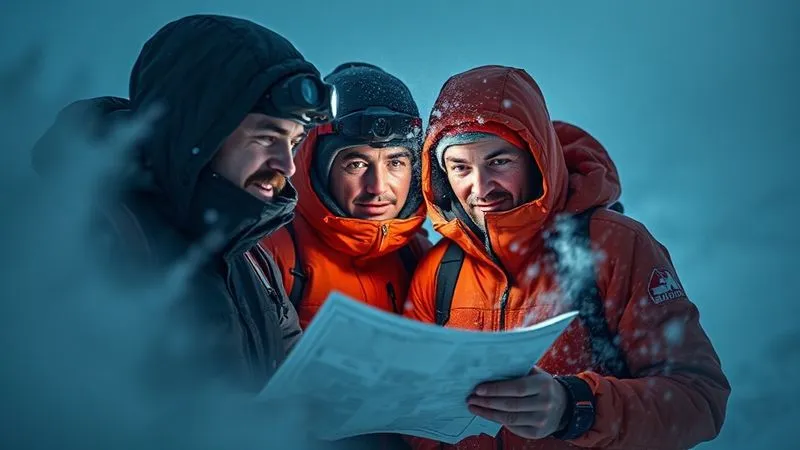 A photorealistic, professional photography, 8K, cinematic lighting, sharp focus, depth of field, shot on a high-end DSLR of a small group of three trekkers huddled together, partially obscured by swirling snow and a dense whiteout, one is looking at a paper map under a headlamp, another is operating a satellite messenger, their faces etched with concentration but not panic. The scene conveys intense weather conditions but also preparedness and teamwork. A photorealistic, professional photography, 8K, cinematic lighting, sharp focus, depth of field, shot on a high-end DSLR of a small group of three trekkers huddled together, partially obscured by swirling snow and a dense whiteout, one is looking at a paper map under a headlamp, another is operating a satellite messenger, their faces etched with concentration but not panic. The scene conveys intense weather conditions but also preparedness and teamwork.
