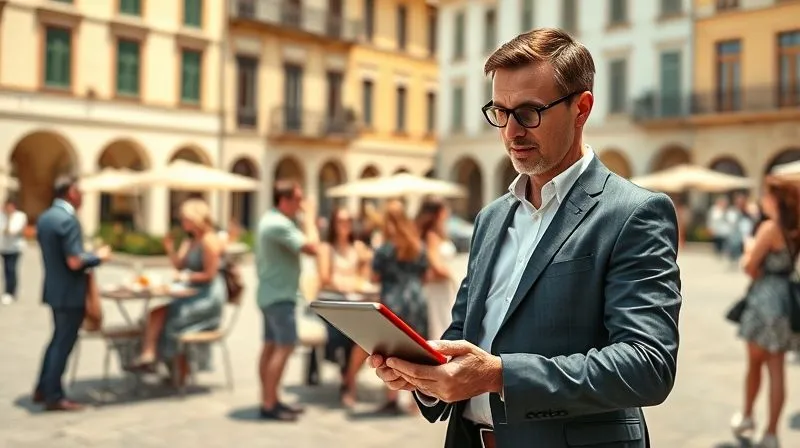 A photorealistic image of a highly organized, professional tour manager, dressed in smart casual attire, discreetly checking a tablet while standing in the background of a group of elegantly dressed tourists enjoying a private culinary experience in a sun-drenched European piazza. The manager has a calm, confident expression. Professional photography, 8K, cinematic lighting, sharp focus on the manager, depth of field blurring the background. A photorealistic image of a highly organized, professional tour manager, dressed in smart casual attire, discreetly checking a tablet while standing in the background of a group of elegantly dressed tourists enjoying a private culinary experience in a sun-drenched European piazza. The manager has a calm, confident expression. Professional photography, 8K, cinematic lighting, sharp focus on the manager, depth of field blurring the background.