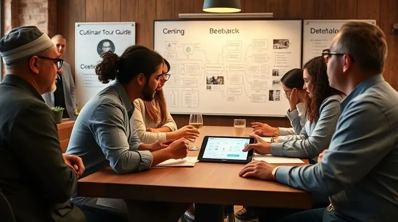 A photorealistic image of a diverse group of professional culinary tour guides and operators gathered around a large table, intensely discussing feedback forms and digital analytics on a tablet, with a whiteboard in the background filled with brainstormed ideas and flowcharts. The atmosphere is collaborative and innovative, with warm, focused lighting. Professional photography, 8K, cinematic lighting, sharp focus, depth of field. A photorealistic image of a diverse group of professional culinary tour guides and operators gathered around a large table, intensely discussing feedback forms and digital analytics on a tablet, with a whiteboard in the background filled with brainstormed ideas and flowcharts. The atmosphere is collaborative and innovative, with warm, focused lighting. Professional photography, 8K, cinematic lighting, sharp focus, depth of field.
