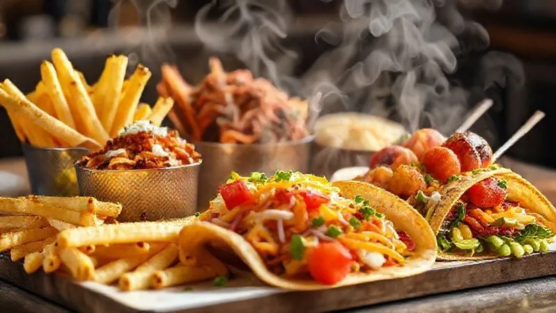 photorealistic, professional photography, 8K, cinematic lighting, sharp focus, depth of field, shot on a high-end DSLR. A beautifully arranged display of high-profit, easy-to-prepare food items like gourmet loaded fries, artisanal tacos, and vibrant fruit skewers, steam subtly rising from a hot dish, inviting and delicious. photorealistic, professional photography, 8K, cinematic lighting, sharp focus, depth of field, shot on a high-end DSLR. A beautifully arranged display of high-profit, easy-to-prepare food items like gourmet loaded fries, artisanal tacos, and vibrant fruit skewers, steam subtly rising from a hot dish, inviting and delicious.
