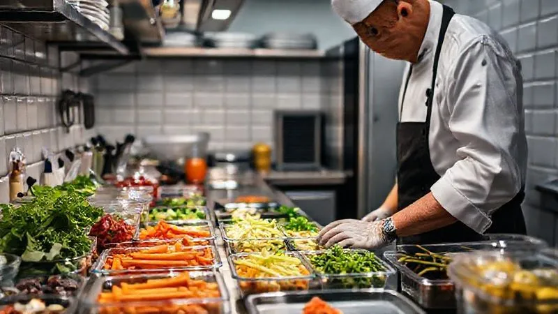 photorealistic, professional photography, 8K, cinematic lighting, sharp focus, depth of field, shot on a high-end DSLR. A meticulously organized food preparation station in a compact kitchen, various ingredients pre-chopped and portioned in clear containers, a chef efficiently assembling components, emphasizing cleanliness and systemization. photorealistic, professional photography, 8K, cinematic lighting, sharp focus, depth of field, shot on a high-end DSLR. A meticulously organized food preparation station in a compact kitchen, various ingredients pre-chopped and portioned in clear containers, a chef efficiently assembling components, emphasizing cleanliness and systemization.