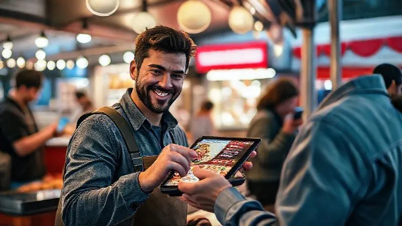 photorealistic, professional photography, 8K, cinematic lighting, sharp focus, depth of field, shot on a high-end DSLR. A customer smiling while smoothly ordering food from a sleek digital menu displayed on a tablet at a food festival booth, other customers in the background using their smartphones to scan QR codes for the menu, seamless modern transaction. photorealistic, professional photography, 8K, cinematic lighting, sharp focus, depth of field, shot on a high-end DSLR. A customer smiling while smoothly ordering food from a sleek digital menu displayed on a tablet at a food festival booth, other customers in the background using their smartphones to scan QR codes for the menu, seamless modern transaction.