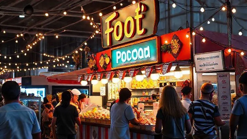 photorealistic, professional photography, 8K, cinematic lighting, sharp focus, depth of field, shot on a high-end DSLR. A vibrant and aesthetically pleasing food festival booth, adorned with appealing signage, colorful food displays, and warm string lights, drawing a cheerful crowd, emphasizing strong branding and visual merchandising. photorealistic, professional photography, 8K, cinematic lighting, sharp focus, depth of field, shot on a high-end DSLR. A vibrant and aesthetically pleasing food festival booth, adorned with appealing signage, colorful food displays, and warm string lights, drawing a cheerful crowd, emphasizing strong branding and visual merchandising.