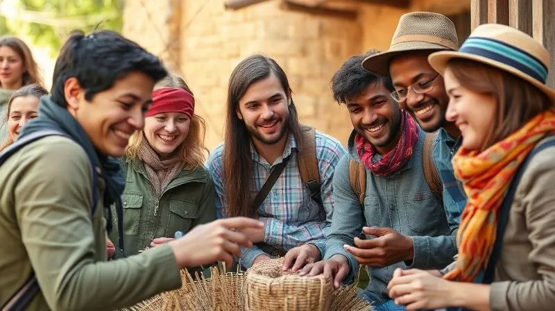 A photorealistic image of a diverse group of happy travelers actively engaged in a unique, local cultural experience in a vibrant, non-touristy setting, perhaps learning a craft or participating in a traditional activity. The scene is full of authentic details, showing genuine interaction and joy. Cinematic lighting, sharp focus on the group, depth of field blurring the background, 8K hyper-detailed, professional photography, shot on a high-end DSLR. A photorealistic image of a diverse group of happy travelers actively engaged in a unique, local cultural experience in a vibrant, non-touristy setting, perhaps learning a craft or participating in a traditional activity. The scene is full of authentic details, showing genuine interaction and joy. Cinematic lighting, sharp focus on the group, depth of field blurring the background, 8K hyper-detailed, professional photography, shot on a high-end DSLR.