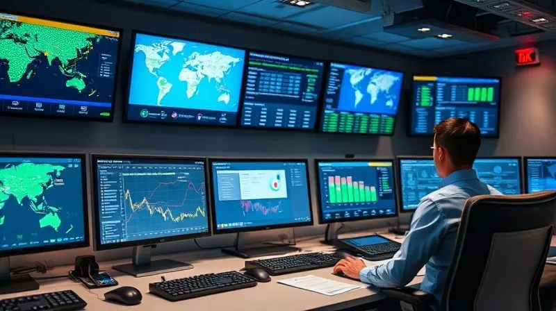 A photorealistic image of a meticulously organized control room or operations center for a travel company. Multiple screens display real-time data: maps with optimized routes, booking dashboards with green checkmarks, and positive client feedback metrics. The room is modern, clean, and efficient, with a focused operator at a desk. Cinematic lighting, sharp focus on the data screens, depth of field, 8K hyper-detailed, professional photography, shot on a high-end DSLR. A photorealistic image of a meticulously organized control room or operations center for a travel company. Multiple screens display real-time data: maps with optimized routes, booking dashboards with green checkmarks, and positive client feedback metrics. The room is modern, clean, and efficient, with a focused operator at a desk. Cinematic lighting, sharp focus on the data screens, depth of field, 8K hyper-detailed, professional photography, shot on a high-end DSLR.