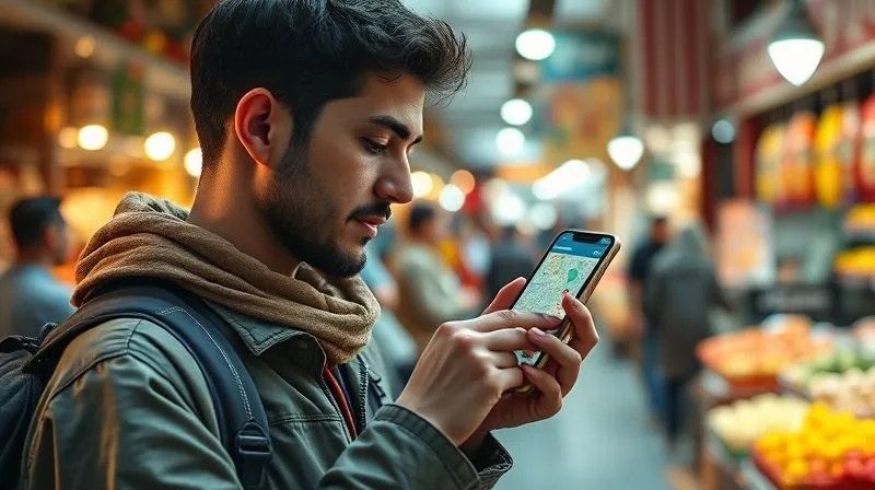 A photorealistic image of a traveler using a smartphone app to navigate a local market, displaying clear information, a map, and perhaps translation. The app interface is clean and user-friendly. The traveler looks engaged and confident, surrounded by the vibrant energy of the market. Cinematic lighting, sharp focus on the smartphone screen and the traveler's interaction, depth of field blurring the market background, 8K hyper-detailed, professional photography, shot on a high-end DSLR. A photorealistic image of a traveler using a smartphone app to navigate a local market, displaying clear information, a map, and perhaps translation. The app interface is clean and user-friendly. The traveler looks engaged and confident, surrounded by the vibrant energy of the market. Cinematic lighting, sharp focus on the smartphone screen and the traveler's interaction, depth of field blurring the market background, 8K hyper-detailed, professional photography, shot on a high-end DSLR.