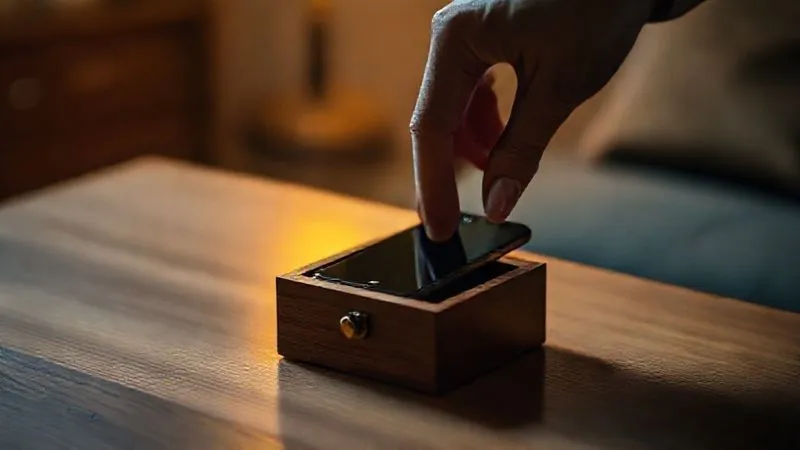A close-up, photorealistic image of a person's hand gently placing a smartphone into a small, elegant wooden lockbox, with a soft, warm light illuminating the scene. The background is blurred, suggesting a quiet, personal space. Professional photography, 8K, cinematic lighting, sharp focus, depth of field, shot on a high-end DSLR. A close-up, photorealistic image of a person's hand gently placing a smartphone into a small, elegant wooden lockbox, with a soft, warm light illuminating the scene. The background is blurred, suggesting a quiet, personal space. Professional photography, 8K, cinematic lighting, sharp focus, depth of field, shot on a high-end DSLR.