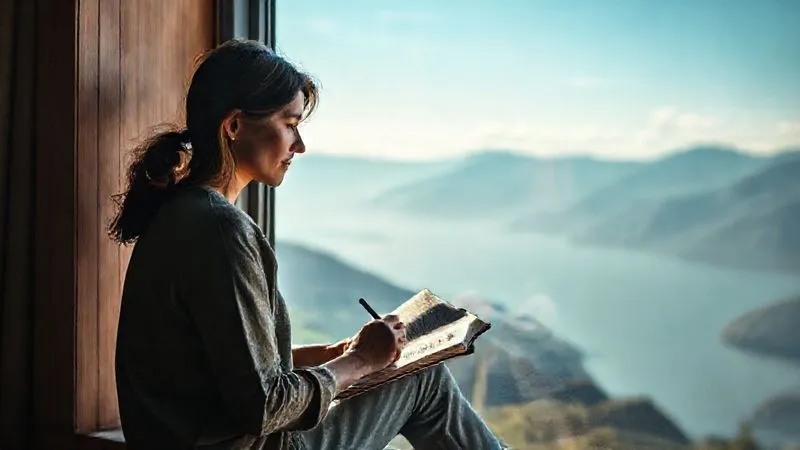 A photorealistic image of a person sitting by a large window overlooking a serene natural landscape (mountains or ocean), softly illuminated by natural light. They are holding an open journal and a pen, with a thoughtful, reflective expression. The scene evokes peace and deep introspection. Professional photography, 8K, cinematic lighting, sharp focus on the person and journal, depth of field blurring the background, shot on a high-end DSLR. A photorealistic image of a person sitting by a large window overlooking a serene natural landscape (mountains or ocean), softly illuminated by natural light. They are holding an open journal and a pen, with a thoughtful, reflective expression. The scene evokes peace and deep introspection. Professional photography, 8K, cinematic lighting, sharp focus on the person and journal, depth of field blurring the background, shot on a high-end DSLR.