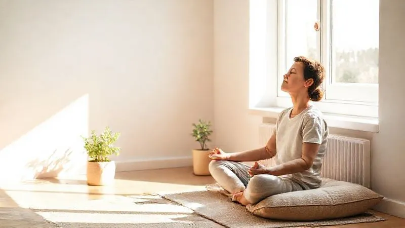 A photorealistic, serene image of a person in a minimalist, sunlit home, sitting comfortably on a cushion on the floor, meditating with eyes closed. A small, healthy plant is nearby, and soft natural light streams through a window. The atmosphere is calm and peaceful, suggesting daily mindfulness. Professional photography, 8K, cinematic lighting, sharp focus on the person, depth of field, shot on a high-end DSLR. A photorealistic, serene image of a person in a minimalist, sunlit home, sitting comfortably on a cushion on the floor, meditating with eyes closed. A small, healthy plant is nearby, and soft natural light streams through a window. The atmosphere is calm and peaceful, suggesting daily mindfulness. Professional photography, 8K, cinematic lighting, sharp focus on the person, depth of field, shot on a high-end DSLR.