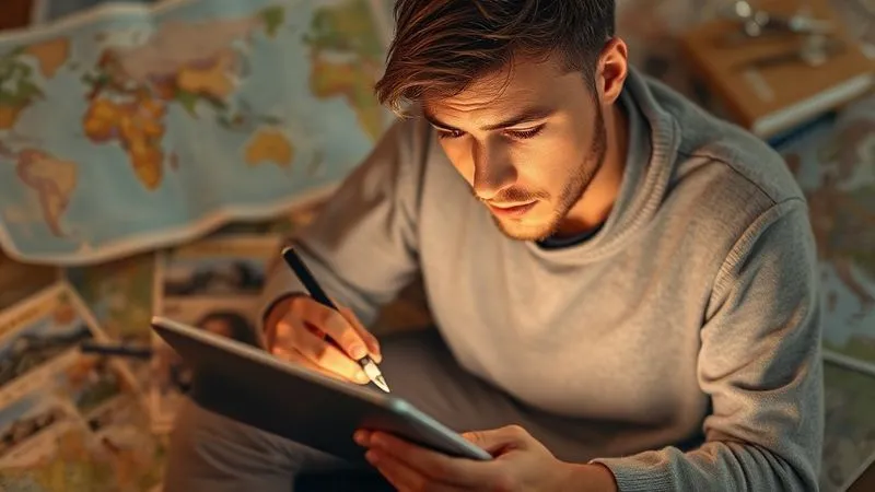 A person intently researching art on a tablet, surrounded by travel maps and notes, warm study light casting a glow on their focused face. Photorealistic, professional photography, 8K, cinematic lighting, sharp focus, depth of field, shot on a high-end DSLR. A person intently researching art on a tablet, surrounded by travel maps and notes, warm study light casting a glow on their focused face. Photorealistic, professional photography, 8K, cinematic lighting, sharp focus, depth of field, shot on a high-end DSLR.