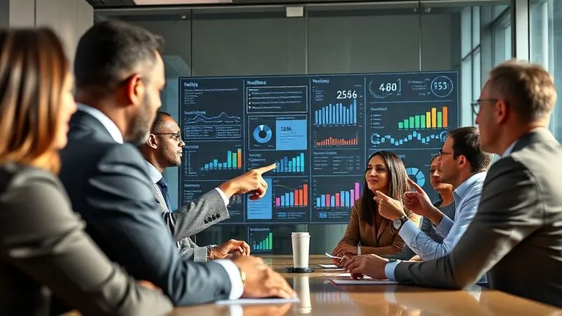 photorealistic, professional photography, 8K, cinematic lighting, sharp focus, depth of field, shot on a high-end DSLR. A diverse group of business professionals in a modern, sunlit conference room, intently analyzing a large transparent screen displaying complex, colorful data visualizations and interactive charts. One person points to a specific metric, while others nod in understanding, symbolizing strategic data analysis and collaborative decision-making for social impact.