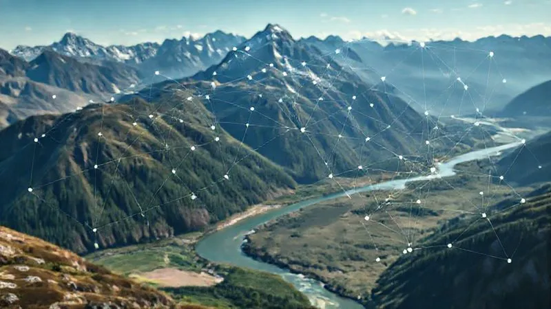 photorealistic, professional photography, 8K, cinematic lighting, sharp focus, depth of field, shot on a high-end DSLR. A complex, interconnected web of environmental factors superimposed over a pristine natural landscape (e.g., a mountain range with a river winding through it). Nodes on the web represent different emission sources like flights, accommodation, food, and local transport, with intricate lines showing their hidden connections and ripple effects. The overall image conveys the complexity and interconnectedness of an eco-tour's full carbon footprint, with a slightly challenging yet contemplative mood.