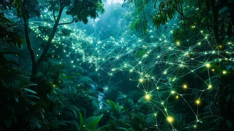 photorealistic, professional photography, 8K, cinematic lighting, sharp focus, depth of field, shot on a high-end DSLR. An intricate, glowing network or mycelial web extending through a vibrant, biodiverse rainforest. Various elements like indigenous community symbols, local flora and fauna, flowing water, and clean energy sources are subtly integrated into the network. The image symbolizes the interconnectedness of environmental, social, and economic factors in true eco-tourism, with a sense of harmony and organic growth. Soft, ethereal lighting.