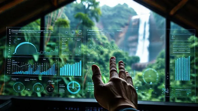 photorealistic, professional photography, 8K, cinematic lighting, sharp focus, depth of field, shot on a high-end DSLR. A futuristic, transparent holographic dashboard showing complex environmental metrics like carbon levels, biodiversity indices, and local community impact. The dashboard is subtly integrated into a remote eco-lodge setting, with a lush rainforest and majestic waterfall visible through a large panoramic window in the background. A human hand gestures towards the data, symbolizing active management and technological oversight of eco-tourism sustainability. The scene is clean, high-tech, and inspiring, with a focus on data visualization and environmental health.