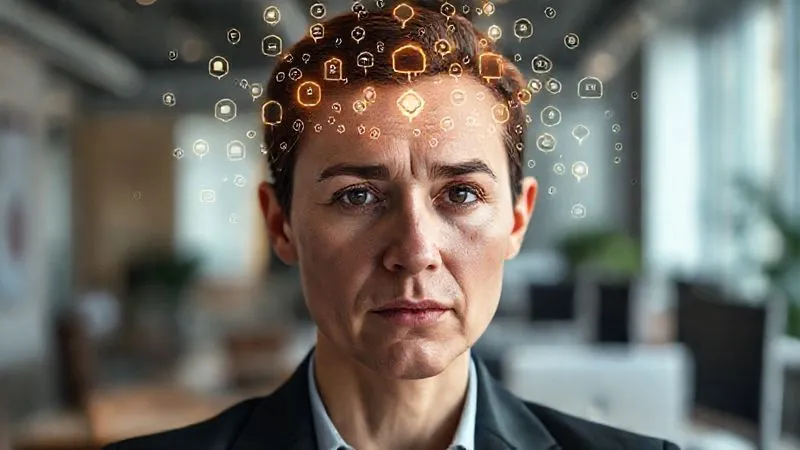 photorealistic, professional photography, 8K, cinematic lighting, sharp focus, depth of field, shot on a high-end DSLR. A professional in a modern office setting, with a subtle, glowing aura around their head made of countless tiny, interconnected thought bubbles and decision icons, symbolizing a mind overwhelmed by professional decision fatigue. Their expression is one of subtle strain and mental clutter, with a blurred office background. photorealistic, professional photography, 8K, cinematic lighting, sharp focus, depth of field, shot on a high-end DSLR. A professional in a modern office setting, with a subtle, glowing aura around their head made of countless tiny, interconnected thought bubbles and decision icons, symbolizing a mind overwhelmed by professional decision fatigue. Their expression is one of subtle strain and mental clutter, with a blurred office background.